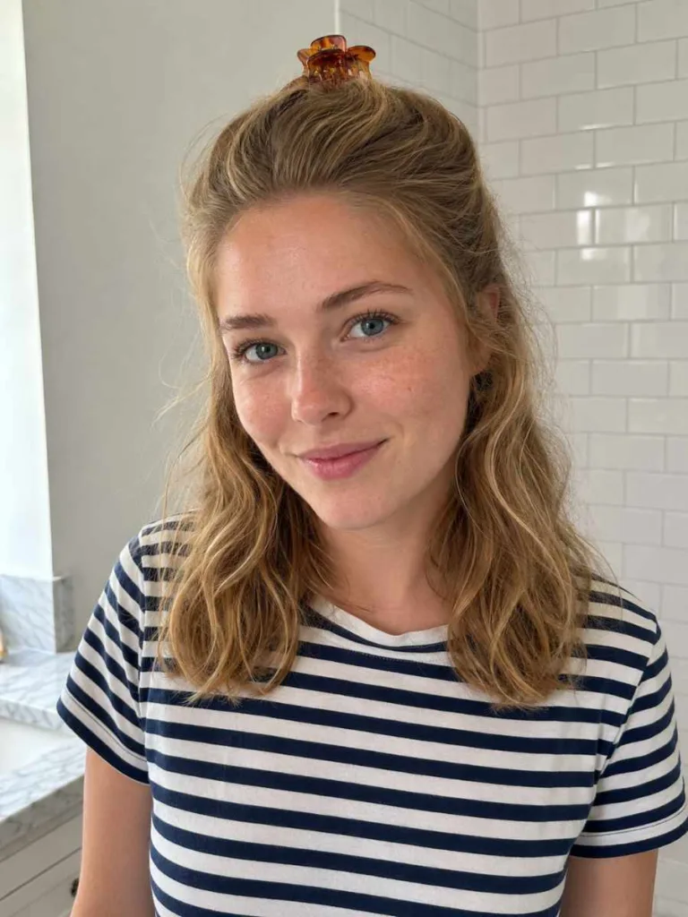 Front-facing fair-skinned woman with honey blonde wavy hair in a half-up claw clip, wearing a Breton-stripe t-shirt with diffused natural window light in a bright bathroom setting