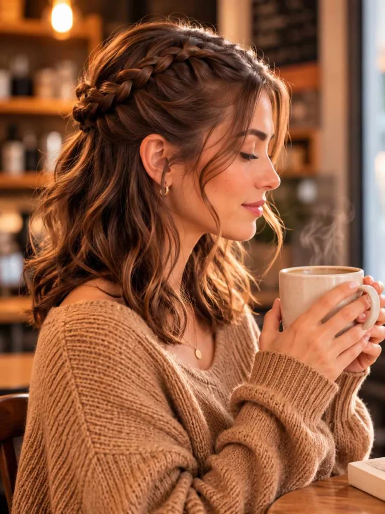 Woman in a coffee shop with half-up dutch braid pigtails, camel sweater, holding a coffee mug, side profile shot