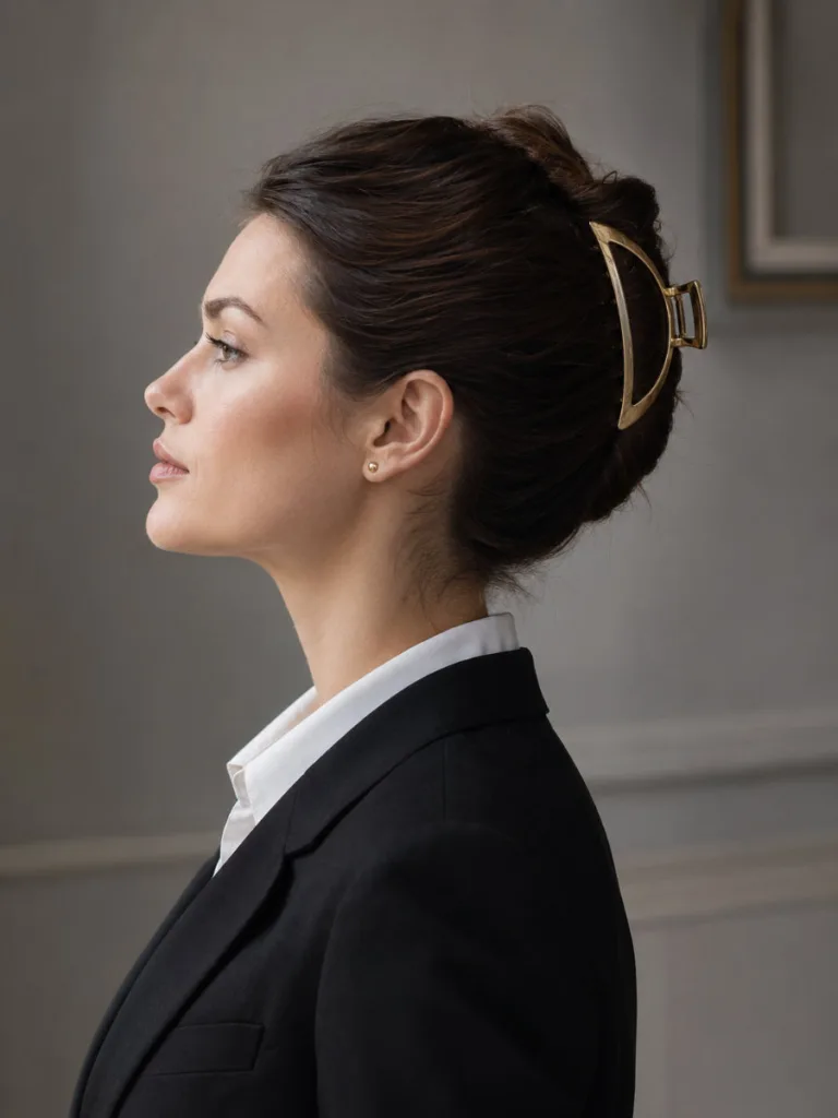 Left side profile of a fair-skinned woman with dark brown hair in a sleek high French twist secured with a gold metallic claw clip, wearing a black blazer in a cool neutral editorial setting