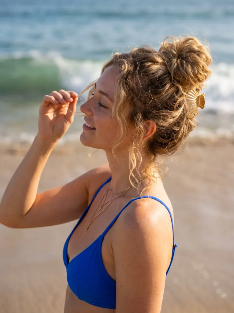 High messy shell clip bun on wavy blonde hair with face-framing pieces at the beach