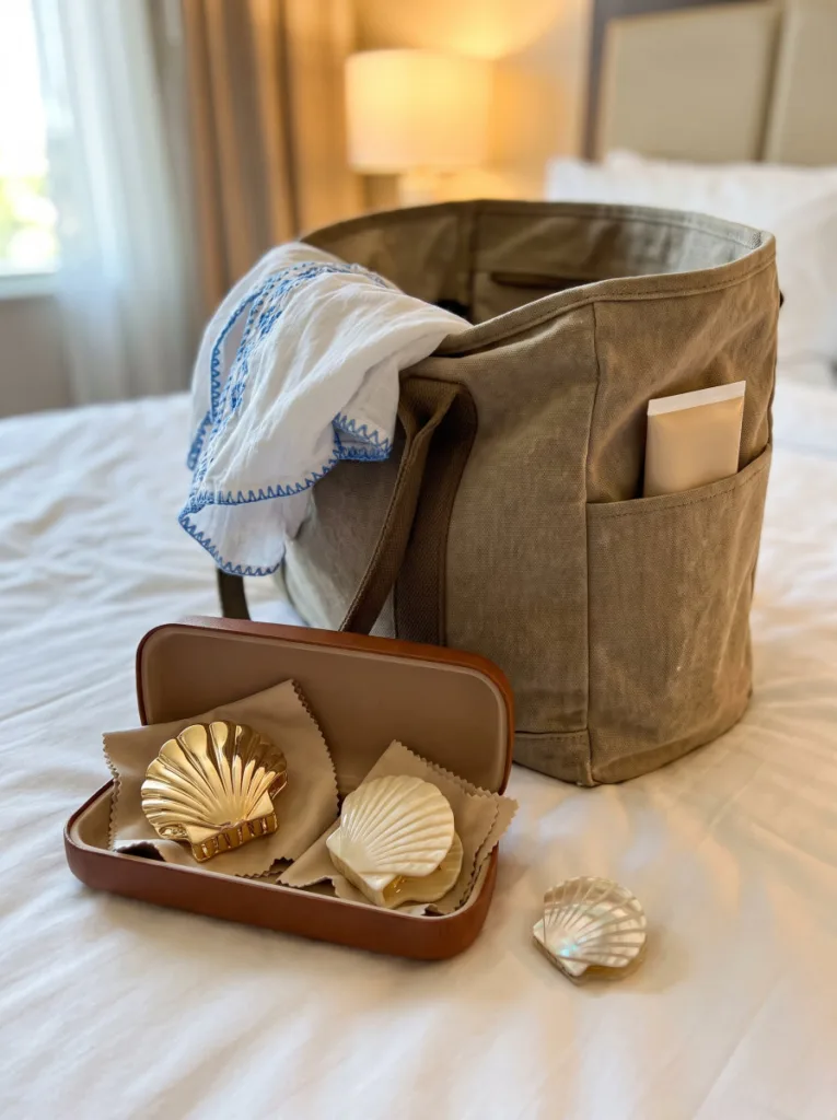 Shell hair clips packed in a rigid eyeglass case with protective cloth wrapping inside a travel bag