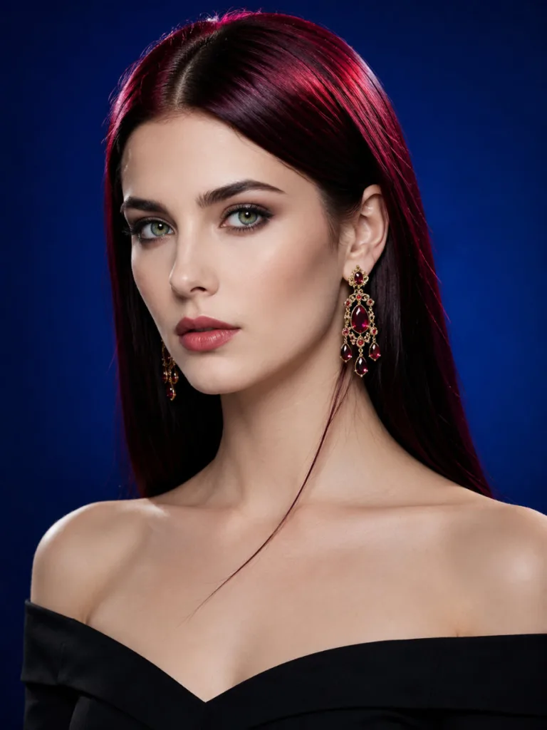 Woman with ruby garnet jewel-toned red highlights on long dark brown hair, timeless elegant pose, deep sapphire background, black top, statement earrings