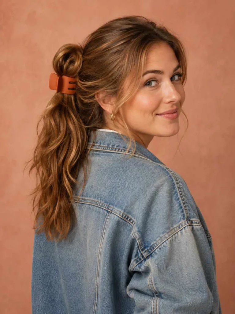 Three-quarter back view from the left of a fair-skinned woman with honey-brown wavy hair in a knotted claw clip updo, wearing an oversized denim jacket, looking over her left shoulder with a relaxed expression