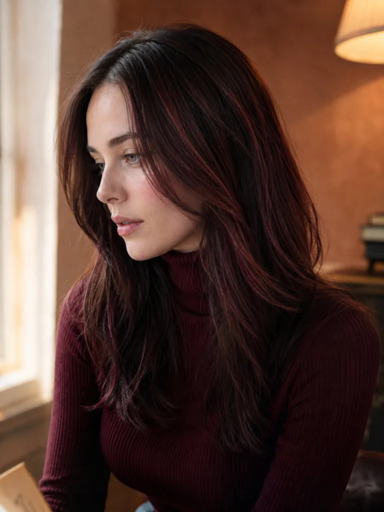 Woman with cool-toned mahogany red highlights through dark brown hair, semi-profile view, warm interior window light, burgundy knit top
