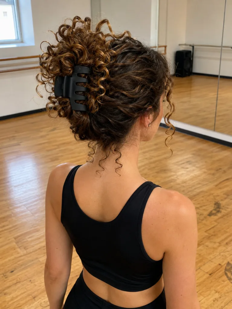 Back view from slightly above of a fair-skinned woman with thick medium-brown curly hair in a high messy ballerina bun secured with a jumbo matte black claw clip, wearing a black athletic crop top in a dance studio