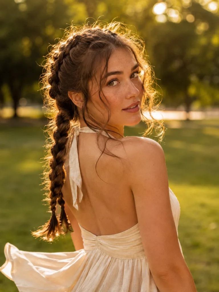 : Fair-skinned woman with boho-style messy double dutch braids outdoors at golden hour, loose face-framing pieces, flowy dress