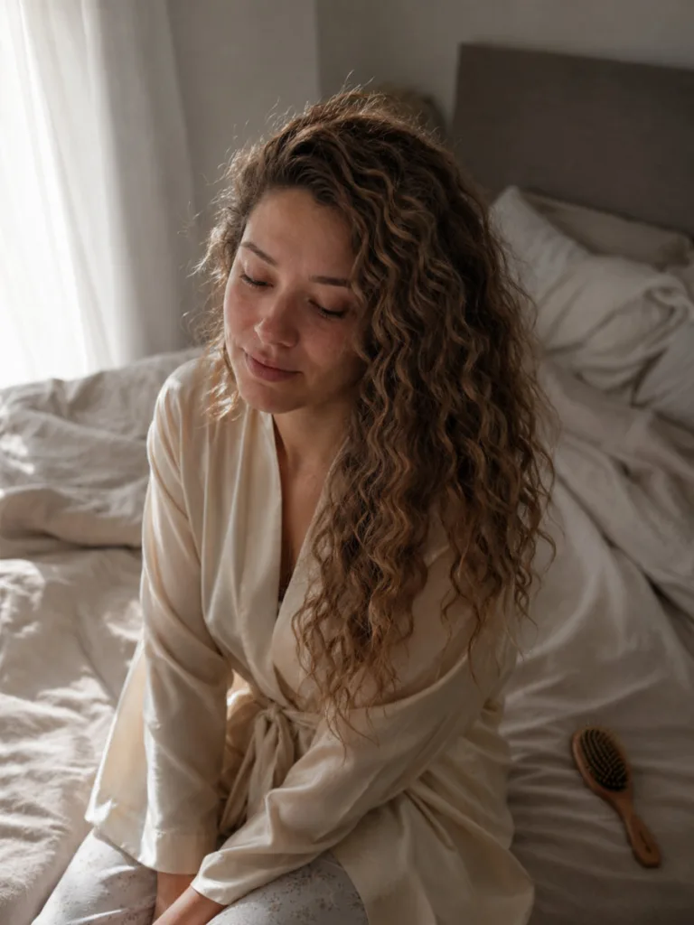 Fair-skinned woman in a silk robe with crimped heatless waves from overnight dutch braids, bedroom morning light