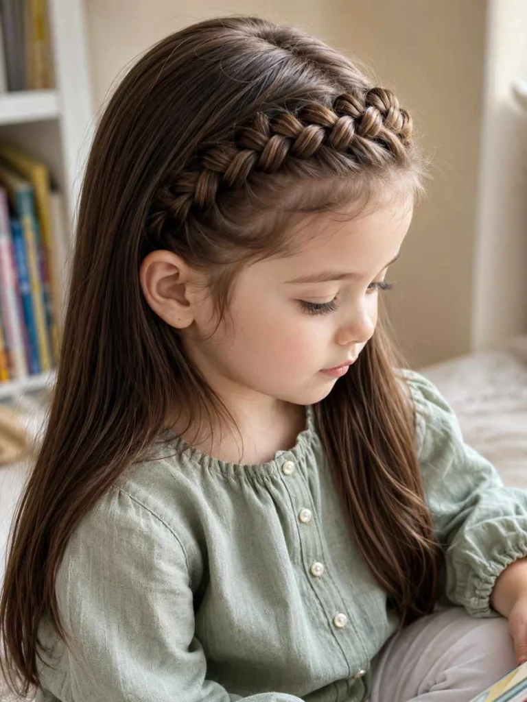 Dutch braid headband toddler hairstyle for long medium-brown hair — close-up portrait