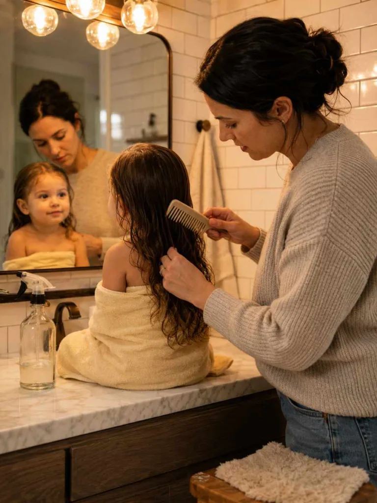 Mom gently detangling toddler girl's long hair with wide-tooth comb and detangling spray