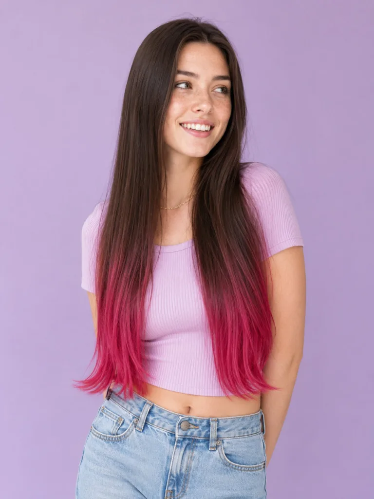 Woman with vivid raspberry pink-red tips on long straight dark brown hair, waist-up shot showing full gradient, dusty lavender background