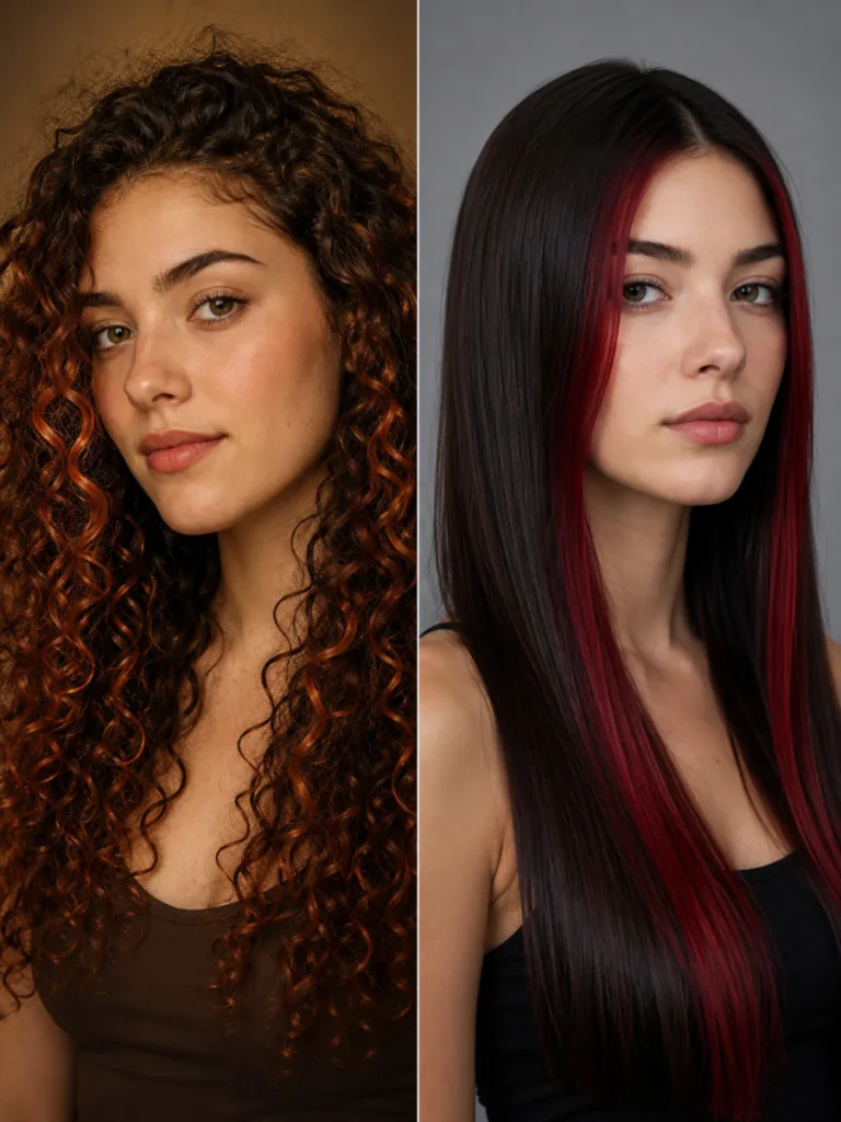 Side-by-side split image comparing auburn highlights on curly brown hair and crimson highlights on straight dark brown hair, showing texture differences