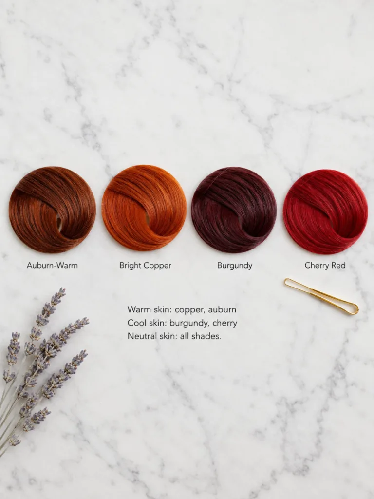 Flat lay of four hair color swatches showing auburn, copper, burgundy, and cherry red tones for different skin undertones, white marble surface