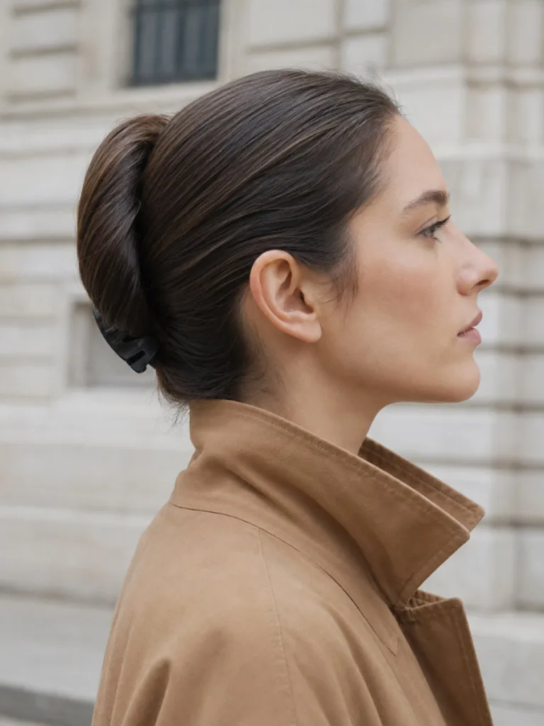 Right side profile of a fair-skinned woman with long straight dark brown hair in a reverse ponytail claw clip style, wearing a camel trench coat with even overcast outdoor light