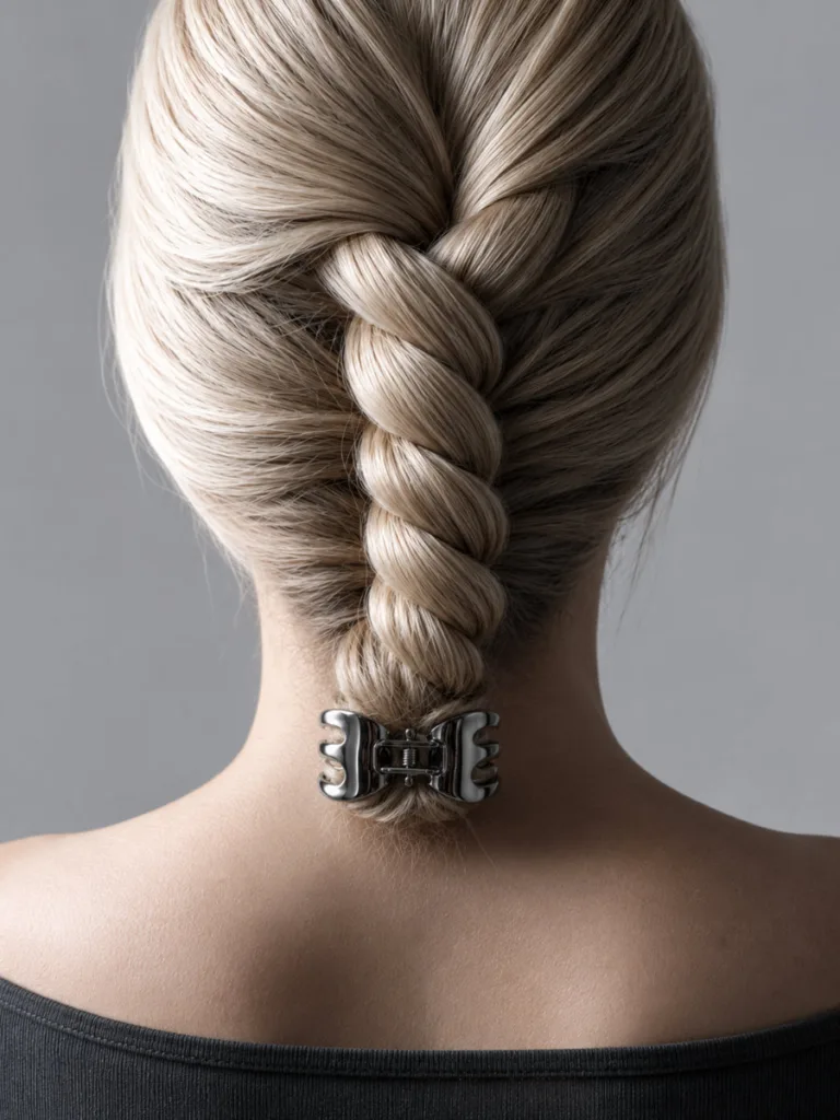 Tight back close-up of a fair-skinned woman with long platinum-blonde hair in a rope twist claw clip updo, wearing a charcoal off-shoulder top, with dramatic single-source side lighting