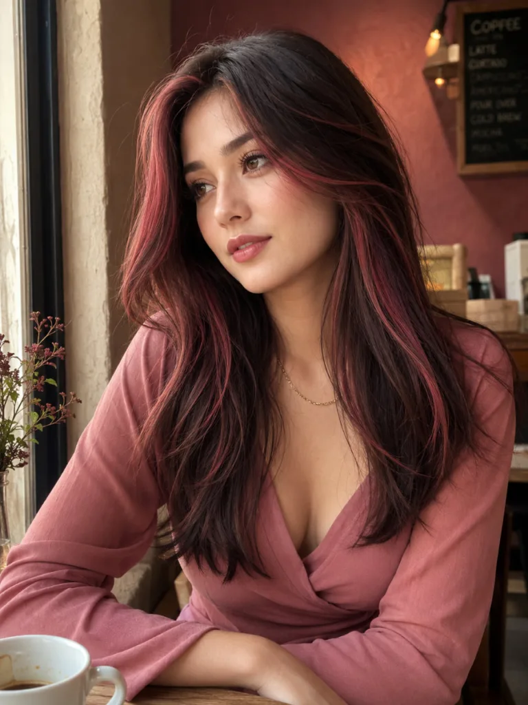 Woman with pink-red rosewood streaks through long dark brown hair, sitting at a café table, warm mauve lighting