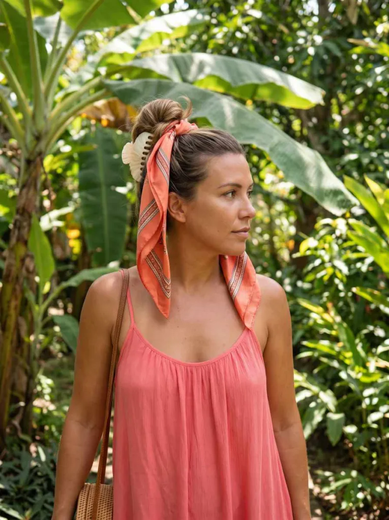 Scarf wrapped shell clip bun on day four vacation hair with tropical background