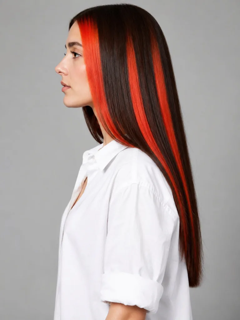 True side profile of a woman with thick vivid scarlet streaks through straight dark brown hair, cool grey background, white button-down shirt