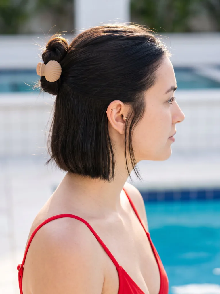 Small shell clip bun on a chin-length bob at the beach with loose pieces at the nape