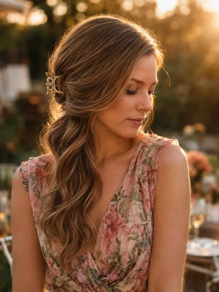 Three-quarter front view of a fair-skinned woman with golden-brown hair swept to one side and secured with a crystal-embellished claw clip, wearing a floral midi dress, in warm golden-hour outdoor light