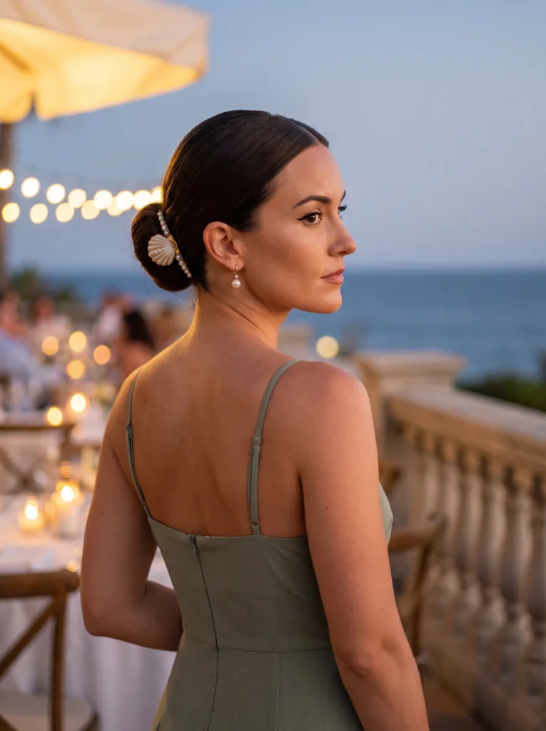 Sleek polished shell clip bun at mid-height for a seaside dinner look