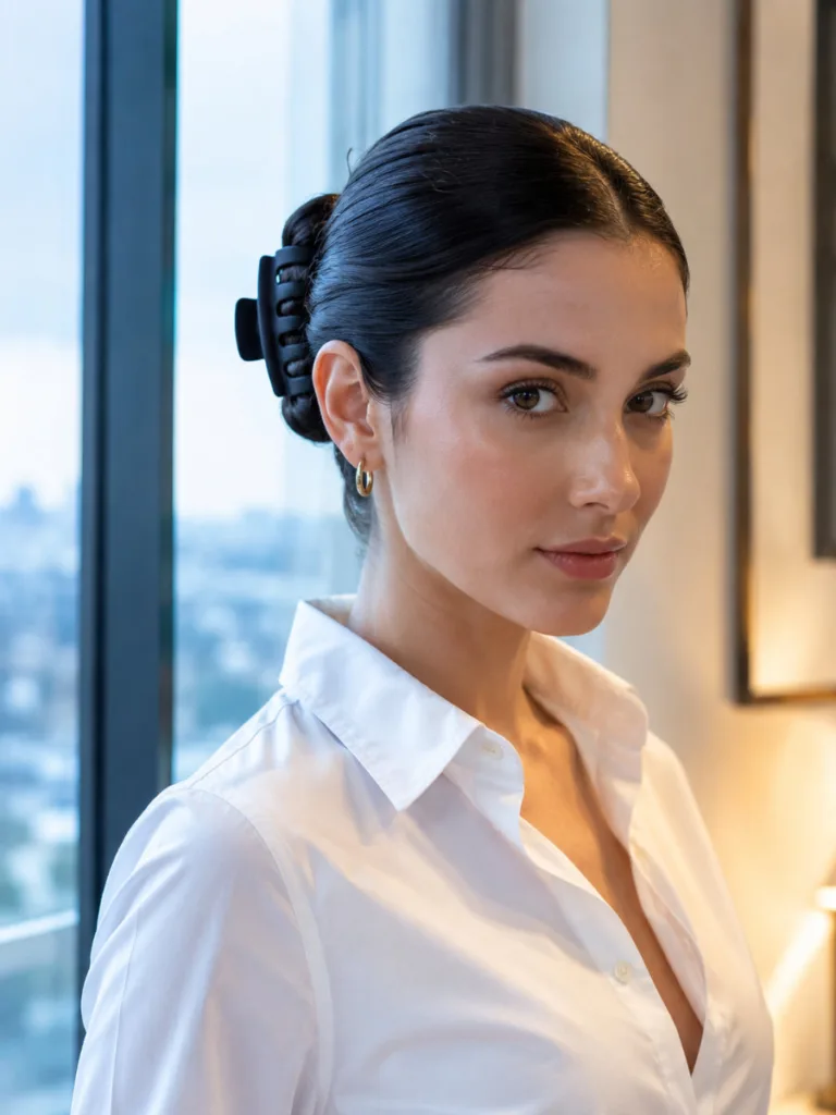Three-quarter front view of a fair-skinned woman with dark hair in a sleek slicked-back claw clip updo, wearing a white structured shirt near a large window with cool city light behind her