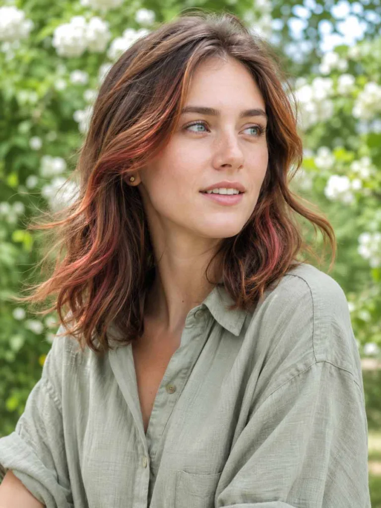 Woman with light strawberry red highlights on light brown wavy hair outdoors, natural daylight, blurred green garden background, looking past camera
