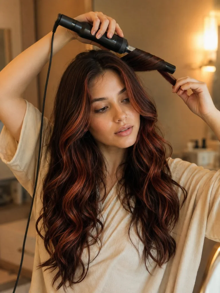 : Woman styling her auburn-highlighted brown hair into loose waves, mid-action shot, warm natural window light, casual home setting