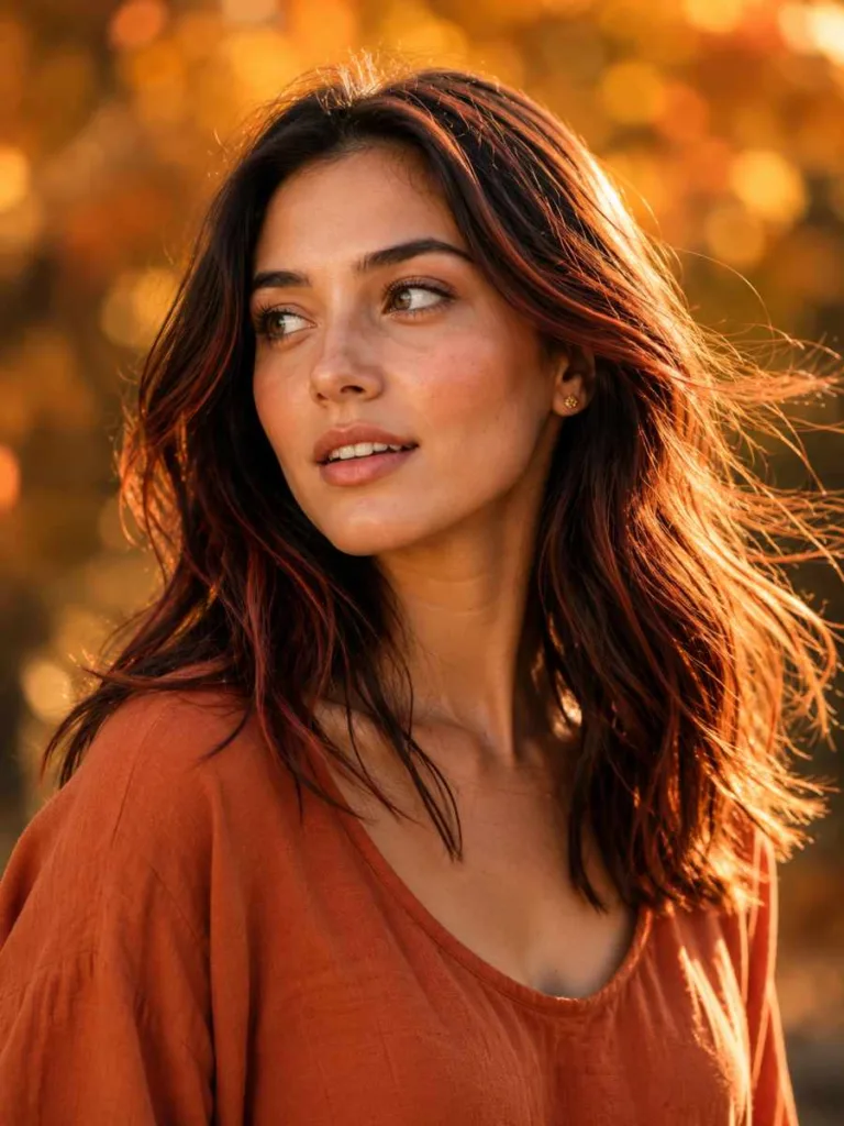 Woman with earthy terracotta-red highlights in medium dark brown hair, outdoor autumn setting, golden hour light, looking away from camera