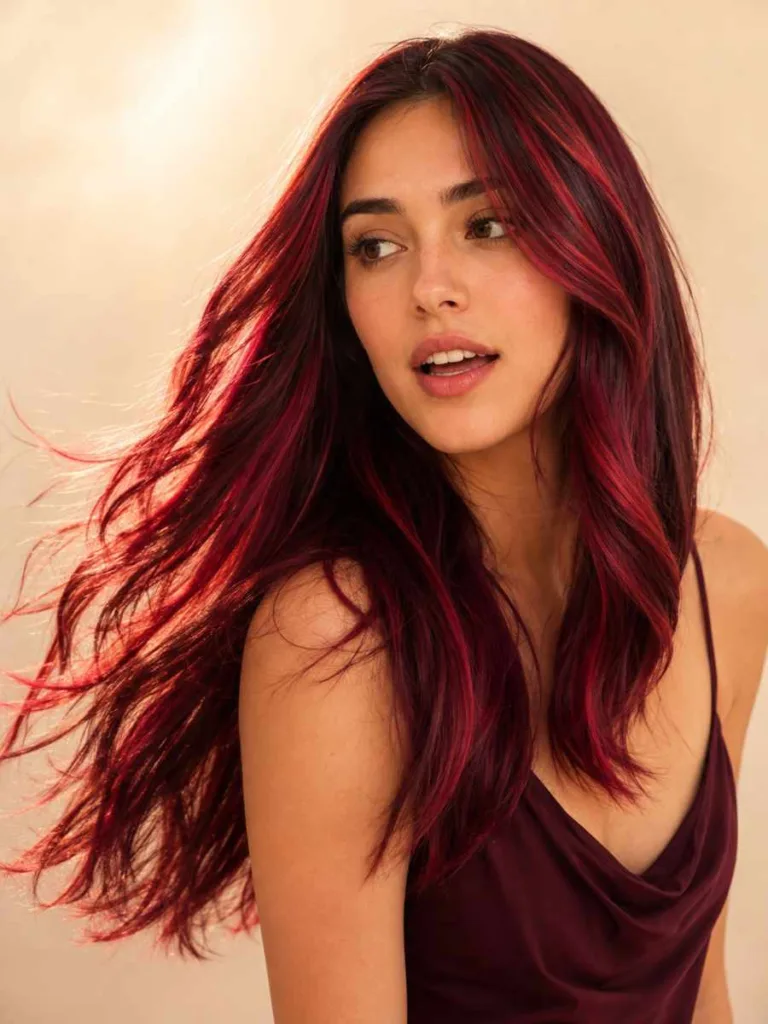 Woman with cherry and burgundy two-toned red highlights in long brown hair, slight head-turn mid-movement, warm ivory background