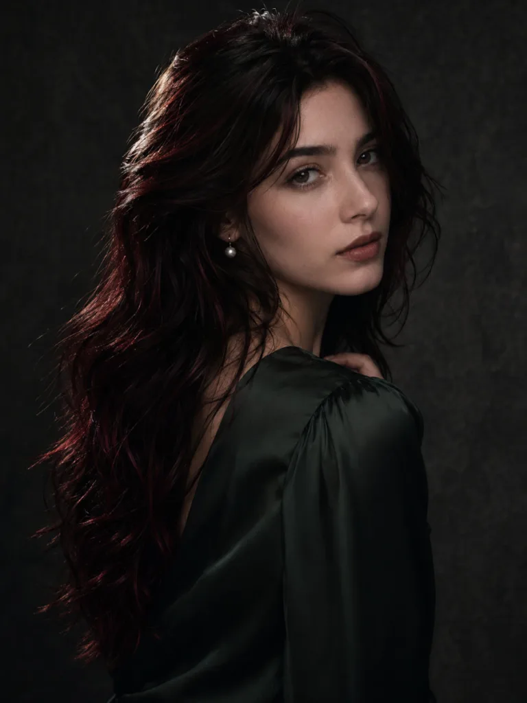 Woman with deep wine red streaks through long near-black brown hair, over-shoulder gaze, moody charcoal background, forest green blouse