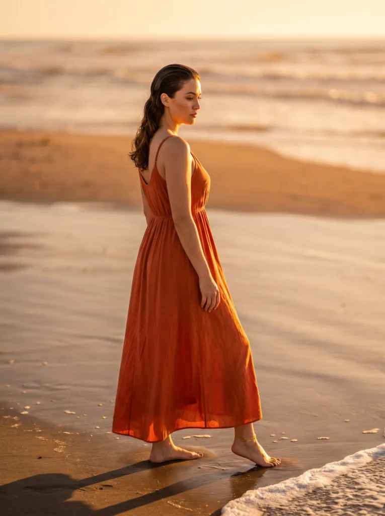 woman with wet look beach glam hairstyle standing at ocean's edge at golden hour in flowing dress