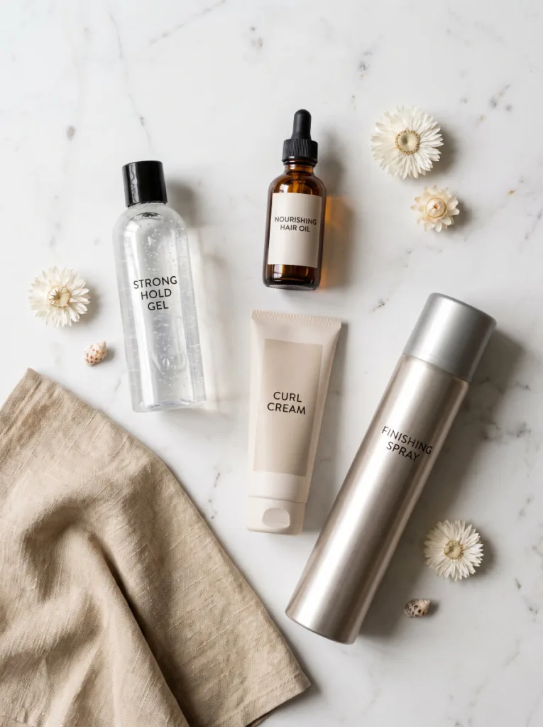 beach hair gel look products flat lay — strong-hold gel, amber hair oil, curl cream, and hairspray on white marble