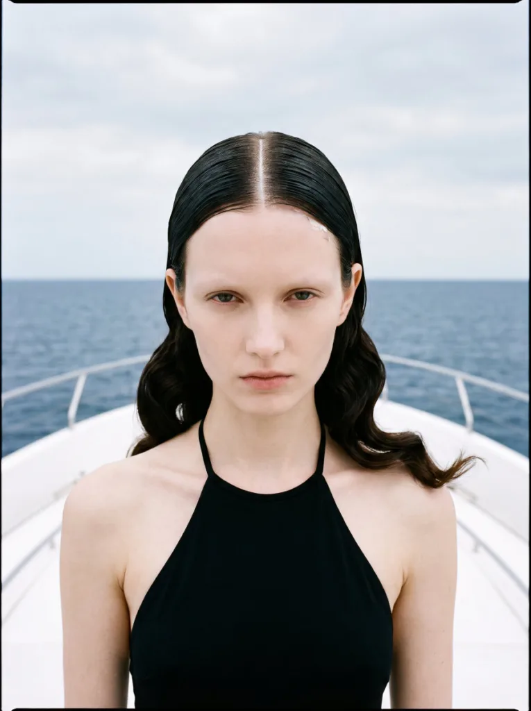 center-parted sleek waves wet look beach glam hairstyle — razor-sharp center part with flat gel crown and deep waves from shoulders down
