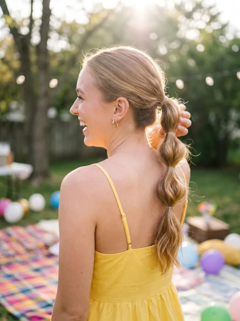 Woman with coastal cowgirl bubble ponytail wave hairstyle at an outdoor day party