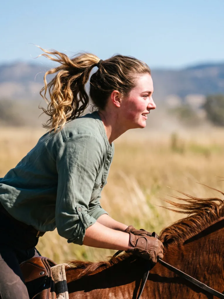 Woman with a high ponytail coastal cowgirl wave hairstyle riding a horse in an open field