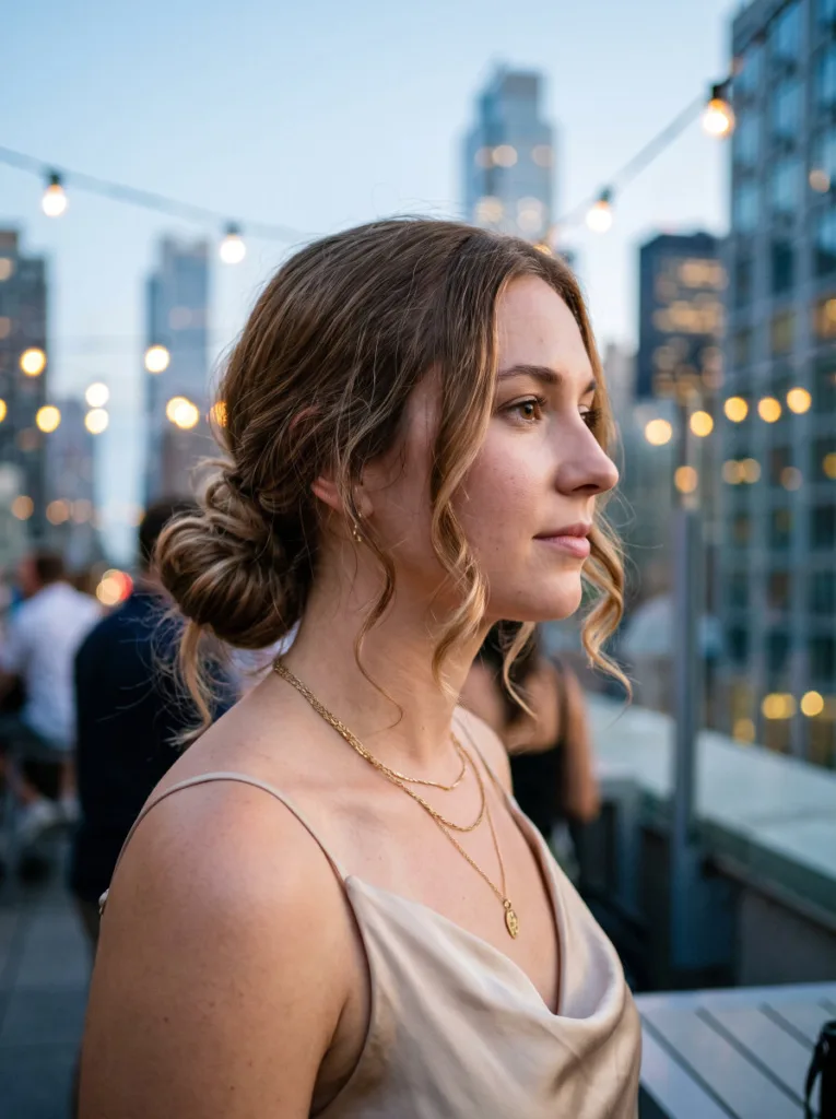 Woman with a low bun coastal cowgirl wave hairstyle and loose face-framing pieces on a rooftop