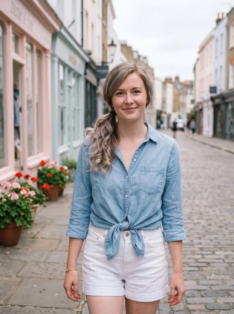 Woman with a low side ponytail coastal cowgirl wave hairstyle on a coastal town street