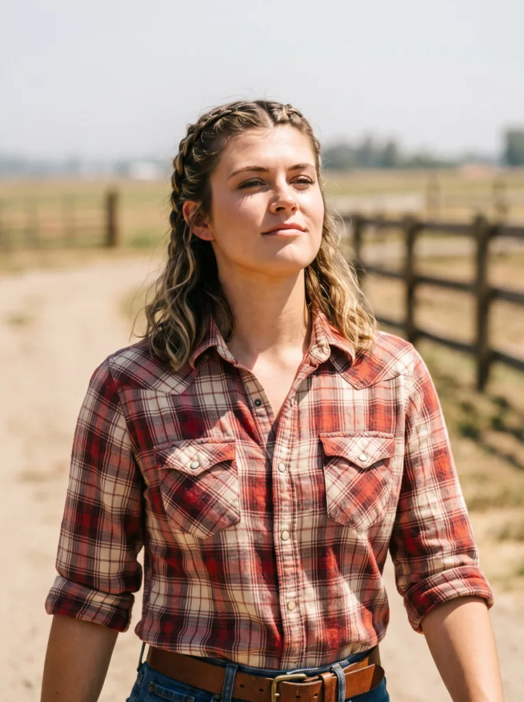 Woman with coastal cowgirl wave hairstyle and two thin braids framing the crown on a ranch trail