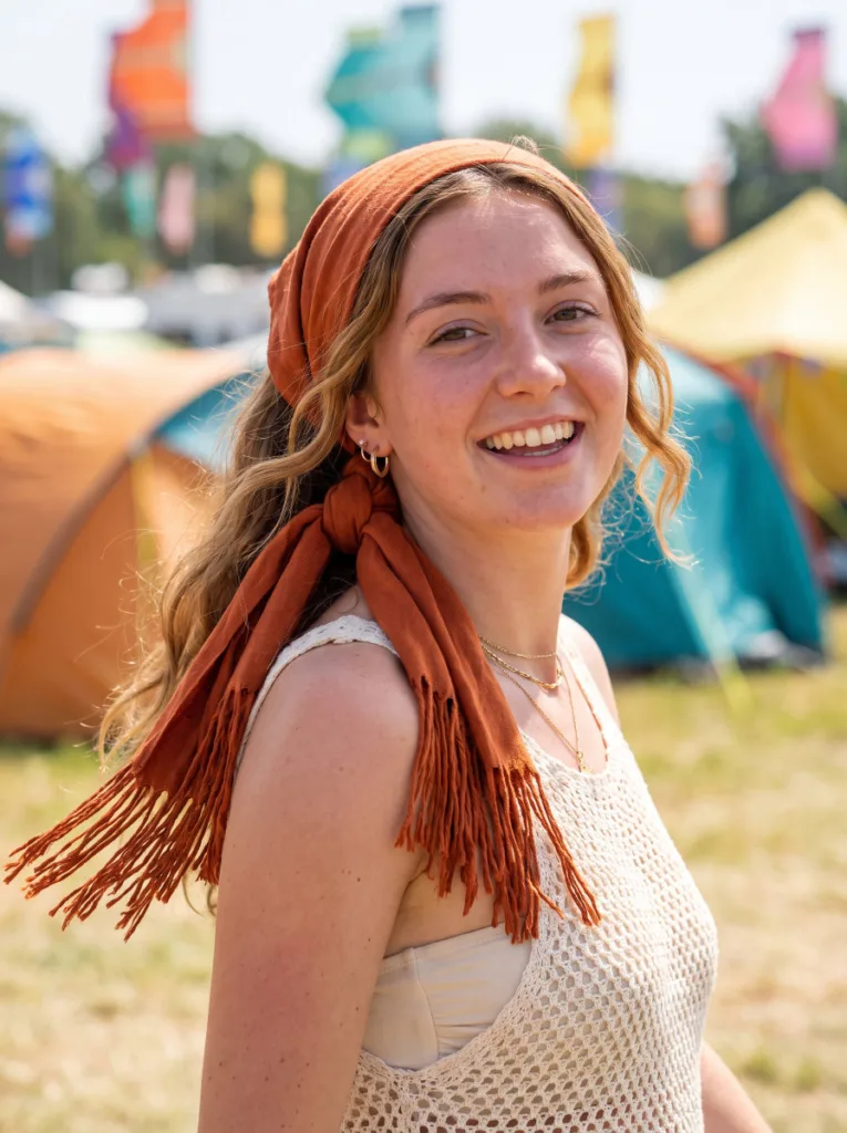 Woman with coastal cowgirl wave hairstyle and a fringe scarf tied at the crown at a festival