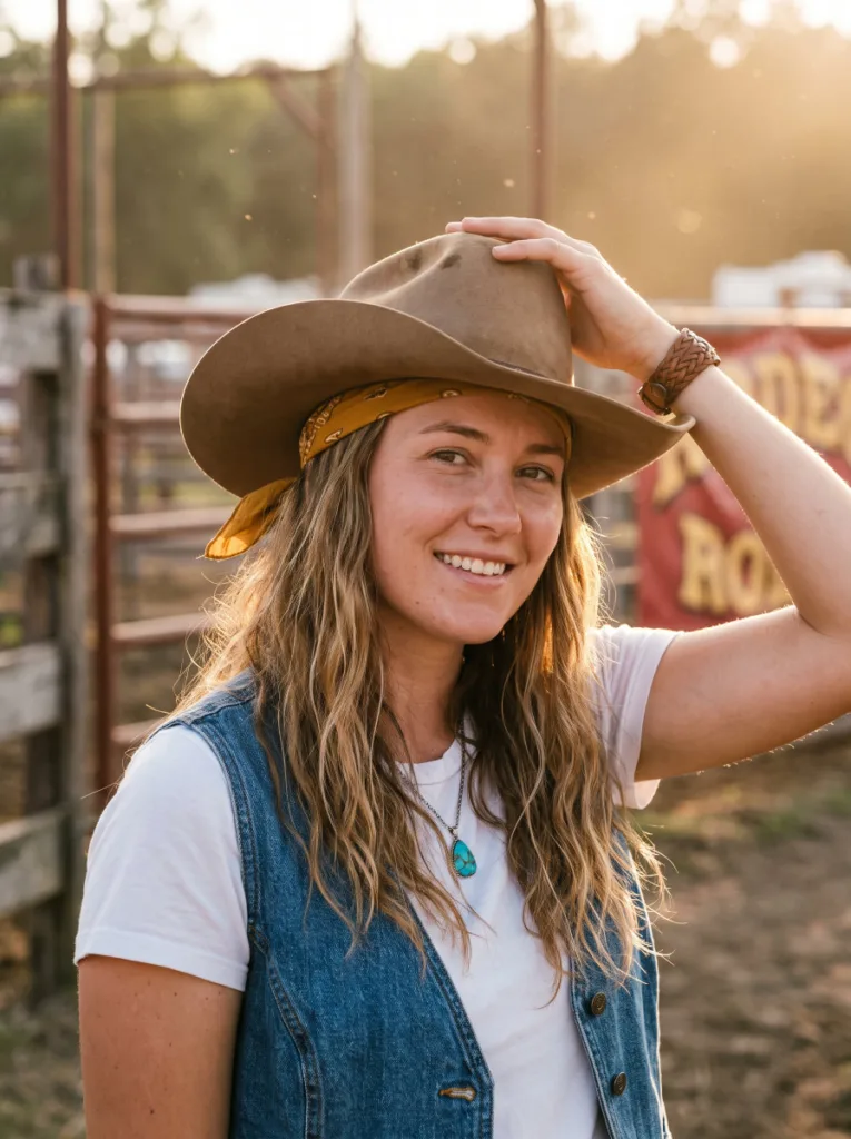 Woman with coastal cowgirl wave hairstyle wearing a layered bandana and hat combo at a rodeo