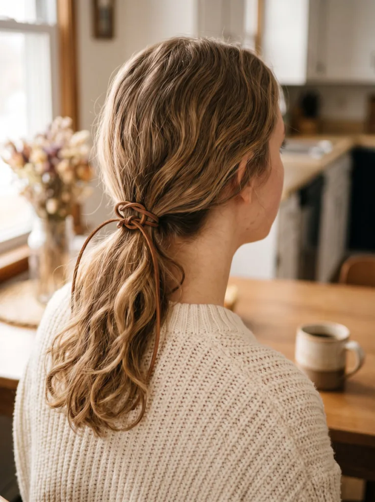 Close-up of coastal cowgirl wave hairstyle with a thin leather cord tied at the nape