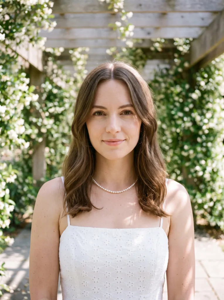 Woman with middle-part coastal cowgirl wave hairstyle and face-framing pieces in a garden