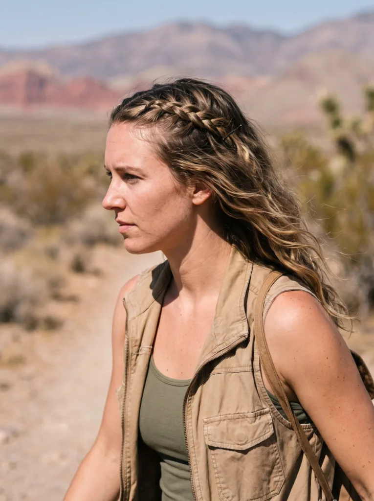 Woman with coastal cowgirl wave hairstyle and a single front braid pinned back while hiking