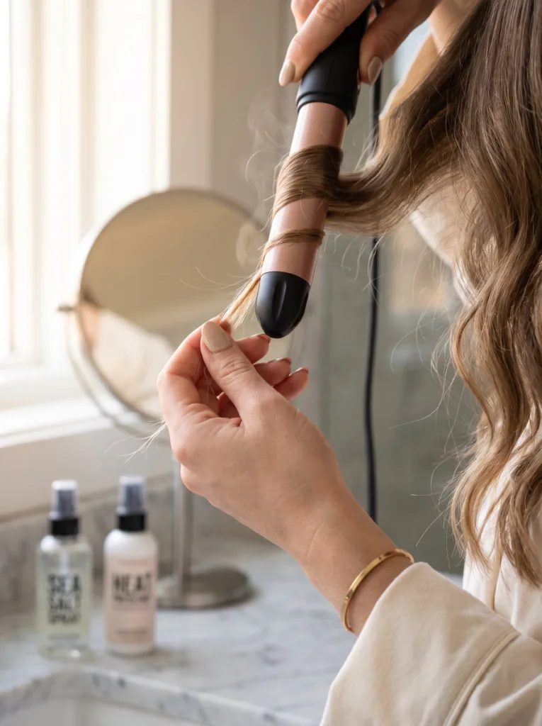 Close-up of hands wrapping a section of hair around a curling iron for coastal cowgirl waves