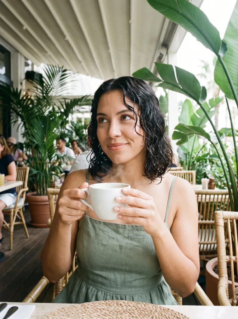 damp textured lob waves hairstyle — glossy shoulder-length S-waves on woman at outdoor brunch morning setting