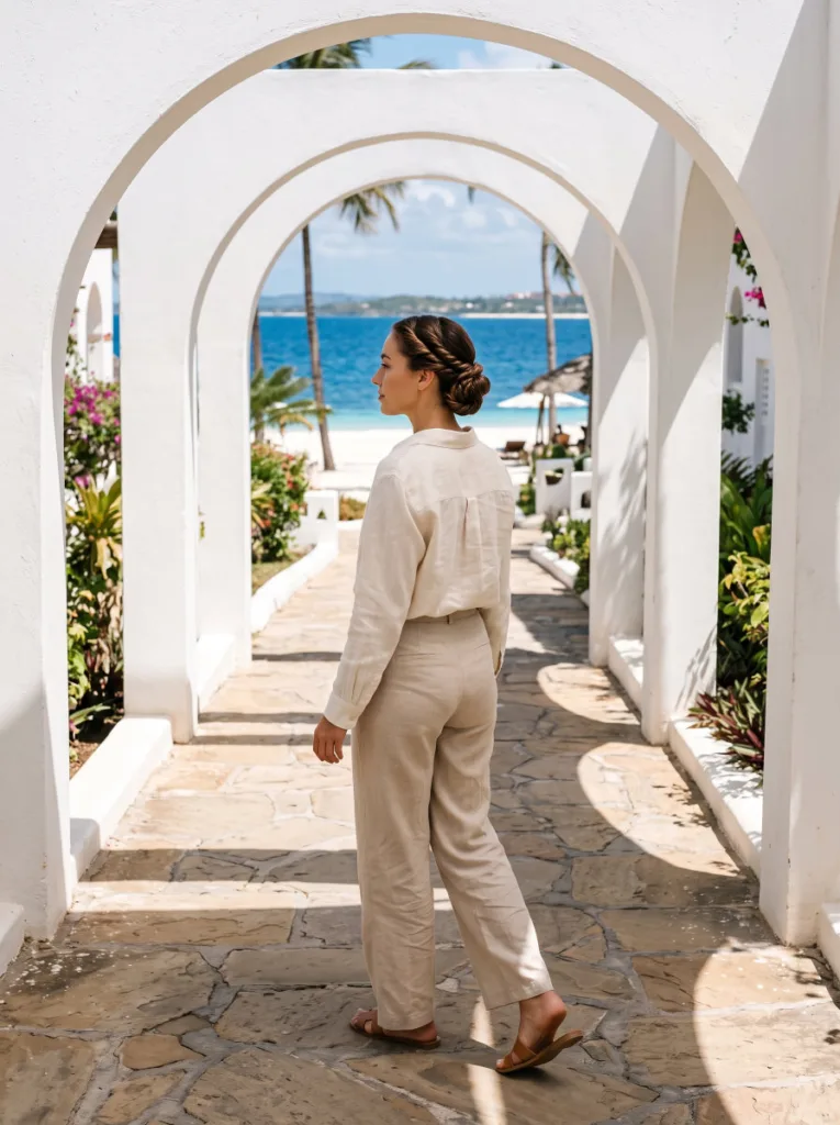 drenched rope twist updo hairstyle — glossy rope twist coiled at nape on woman walking through beach resort arches