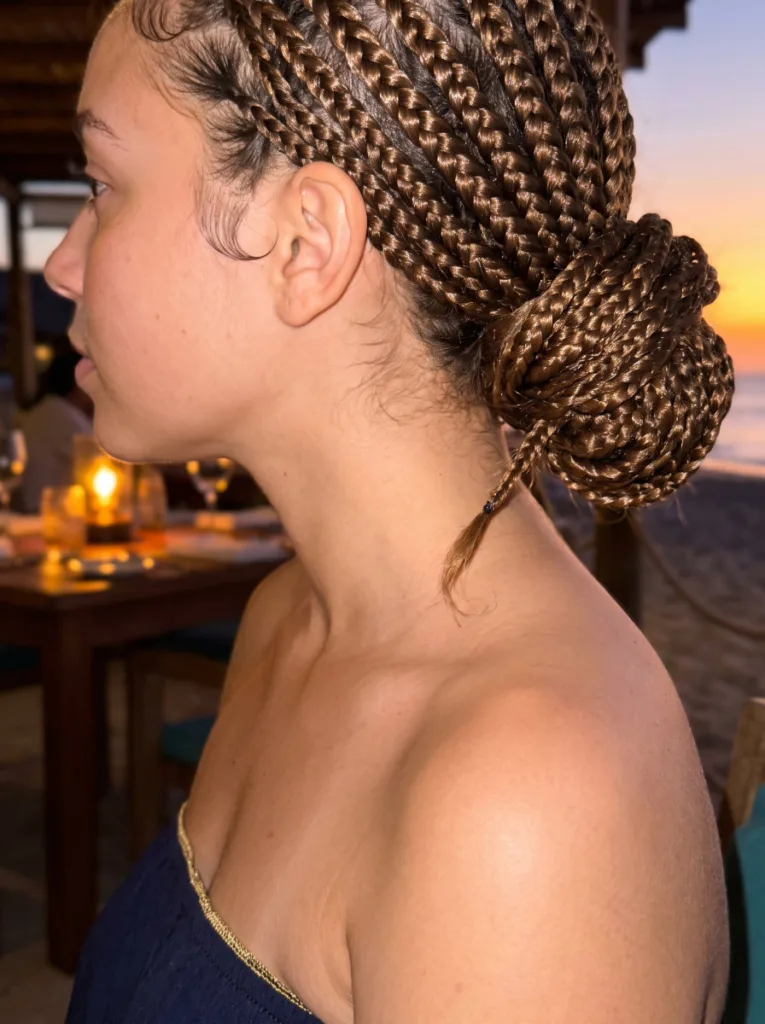 dripping braided updo wet look beach glam hairstyle — multiple braids coiled into low bun at nape with high-gloss shine cream finish