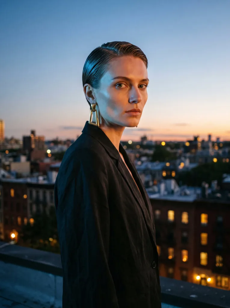 glossy slicked-back pixie cut wet look hairstyle — sculptural gel-coated short hair on woman at urban rooftop at dusk