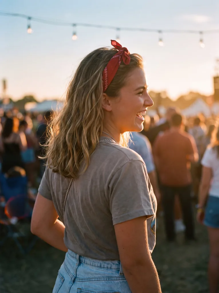 Woman with half-up coastal cowgirl wave hairstyle and a red bandana headband outdoors