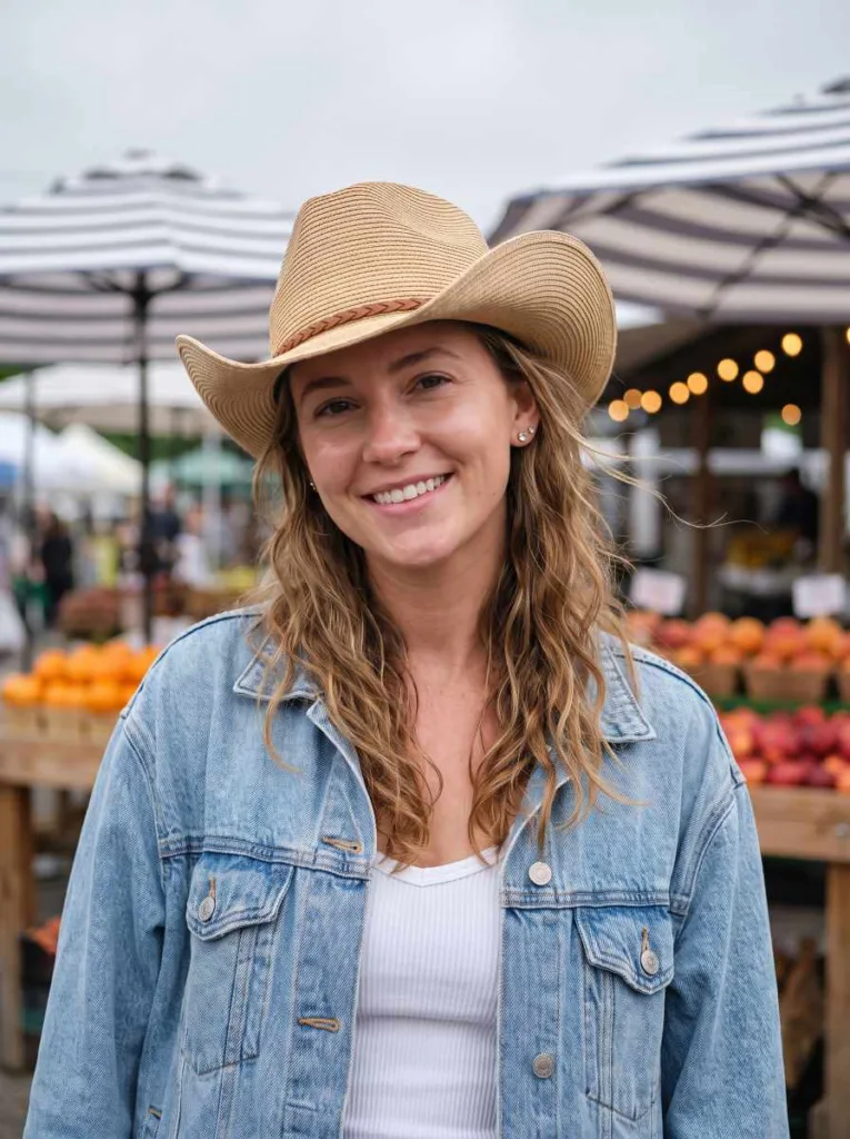 Woman with loose coastal cowgirl wave hairstyle wearing a straw cowboy hat at an outdoor market